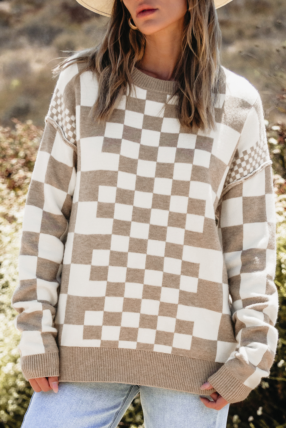 Women's Khaki Checkered Sweater, Casual Long Sleeve Knit Top - Detail View 7 Women's Khaki Checkered Sweater, Casual Long Sleeve Knit Top - Detail View 7