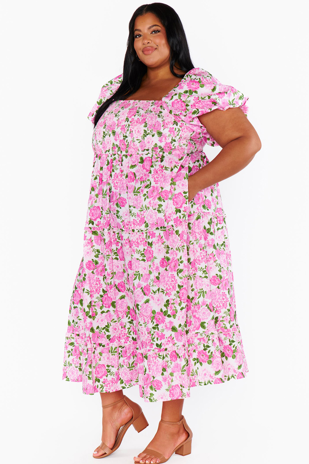 Women's Elegant Pink Plus Size Floral Print Smocked Puff Sleeve Maxi Dress - Detail View 6 Women's Elegant Pink Plus Size Floral Print Smocked Puff Sleeve Maxi Dress - Detail View 6