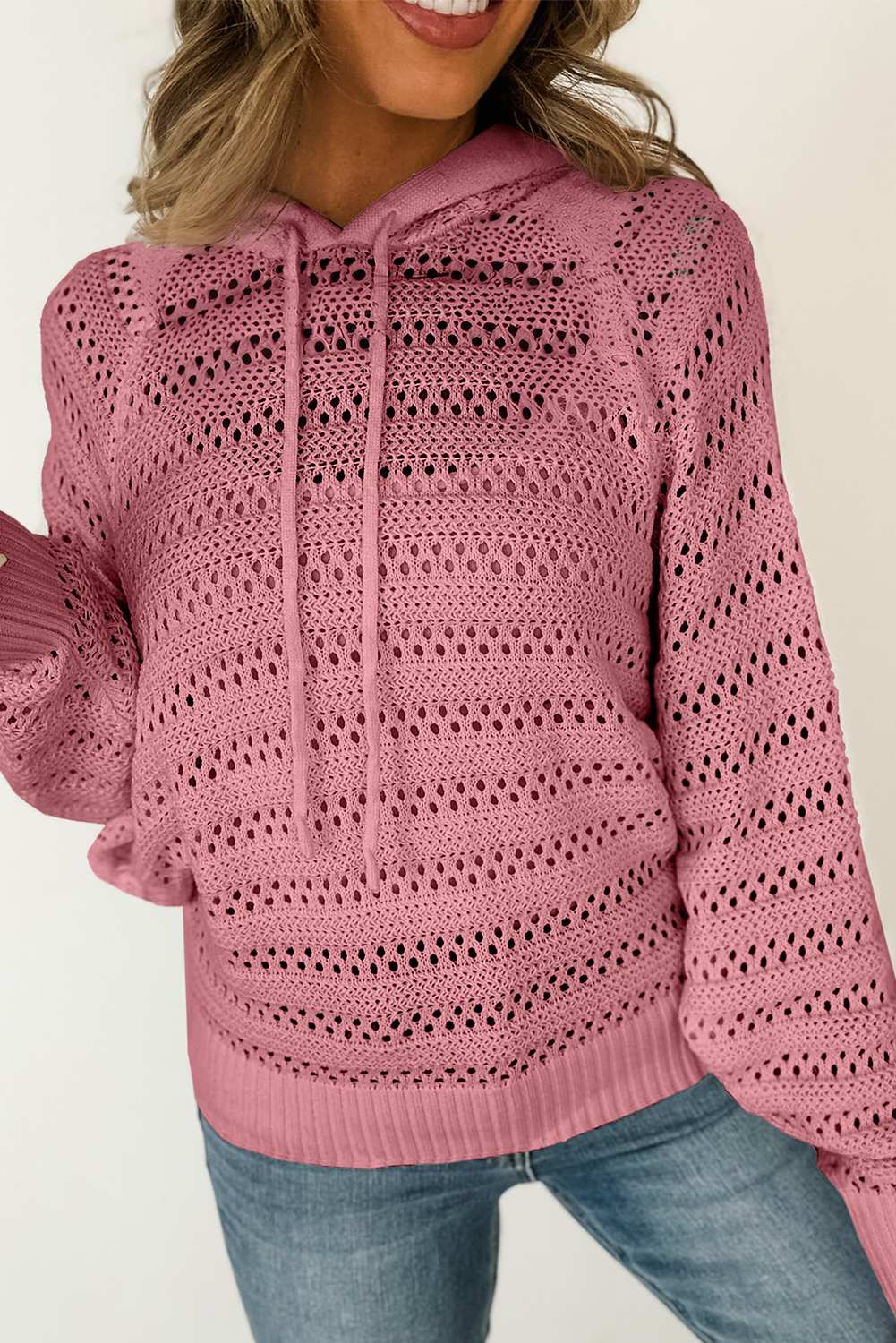 Cozy Hooded Sweater with Raglan Sleeves and Pointelle Knit - Peach Blossom - Detail View 2 Cozy Hooded Sweater with Raglan Sleeves and Pointelle Knit - Peach Blossom - Detail View 2