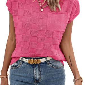 Women's Bright Pink Sweater, Lattice Knit Short Sleeve Top - Main View