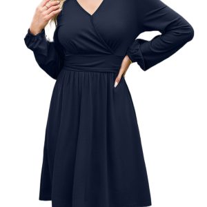 Women's V Neck Mini Dress, Elegant Long Sleeve Wrap Style - Main View