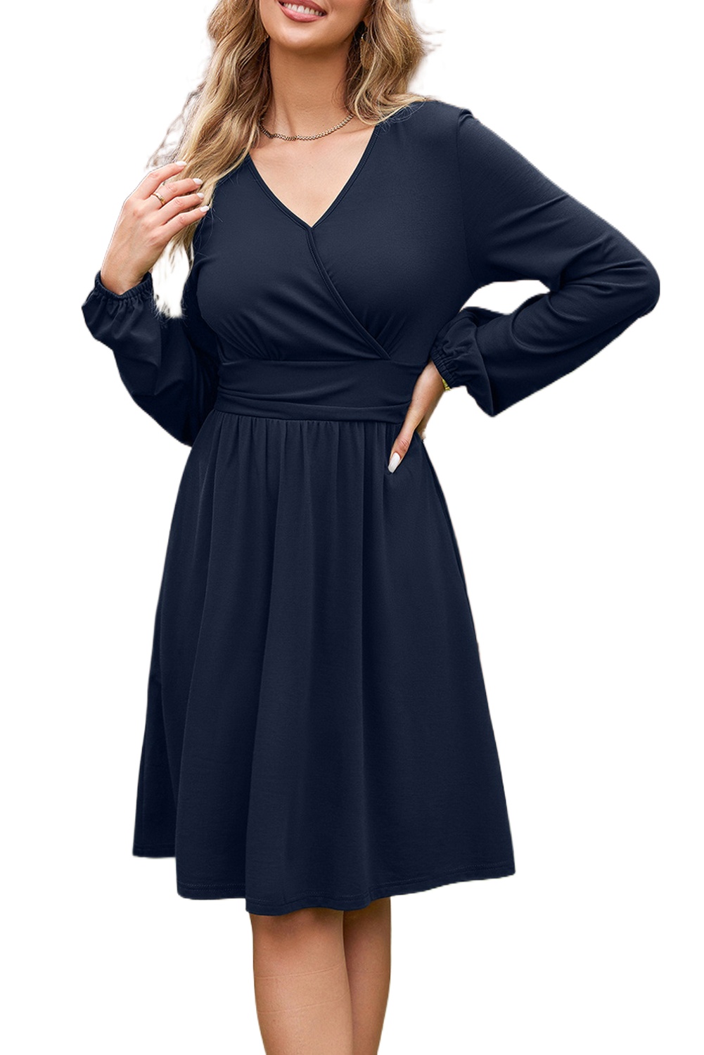 Women's V Neck Mini Dress, Elegant Long Sleeve Wrap Style - Main View Women's V Neck Mini Dress, Elegant Long Sleeve Wrap Style - Main View