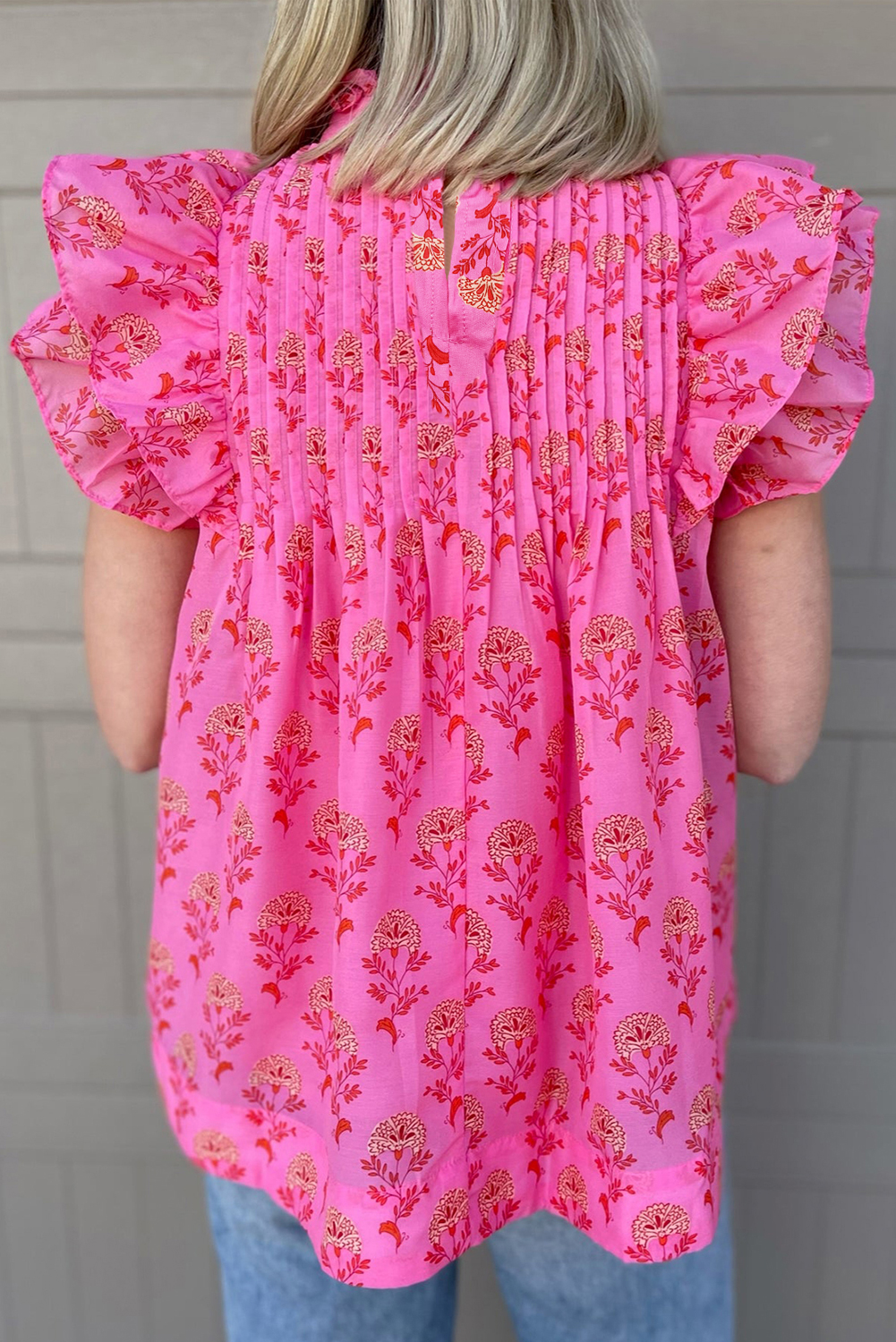 Charming and Elegant Flutter Sleeve Blouse for Women - Rose Red Floral Print - Detail View 3 Charming and Elegant Flutter Sleeve Blouse for Women - Rose Red Floral Print - Detail View 3