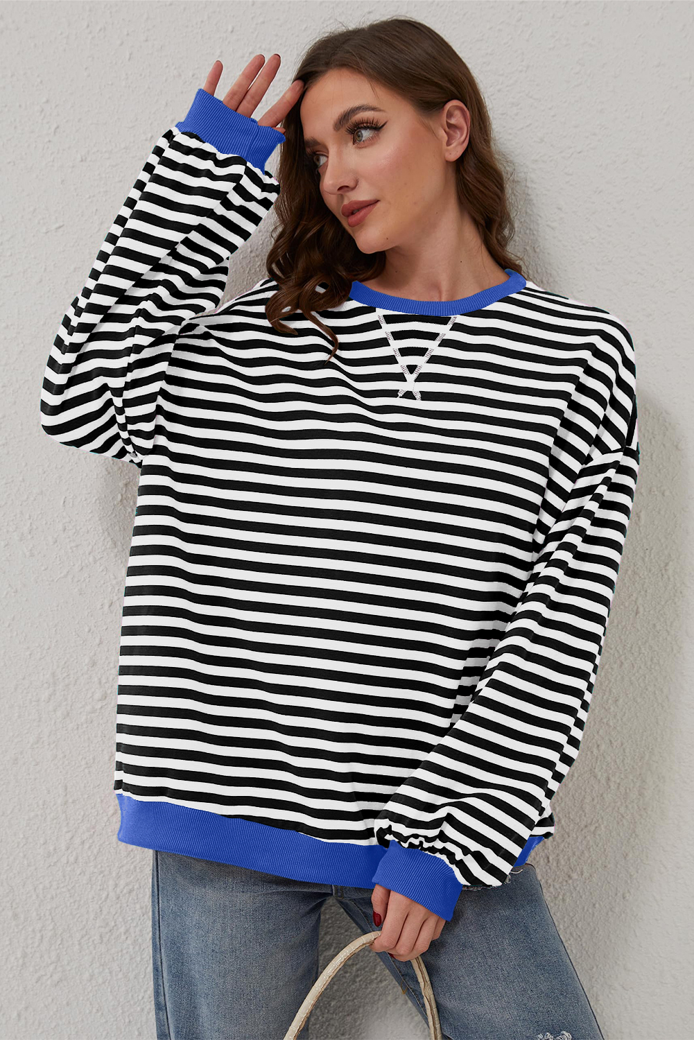 Casual Long Sleeve Sweatshirt: Black Stripe, Oversized Fit - Detail View 7 Casual Long Sleeve Sweatshirt: Black Stripe, Oversized Fit - Detail View 7