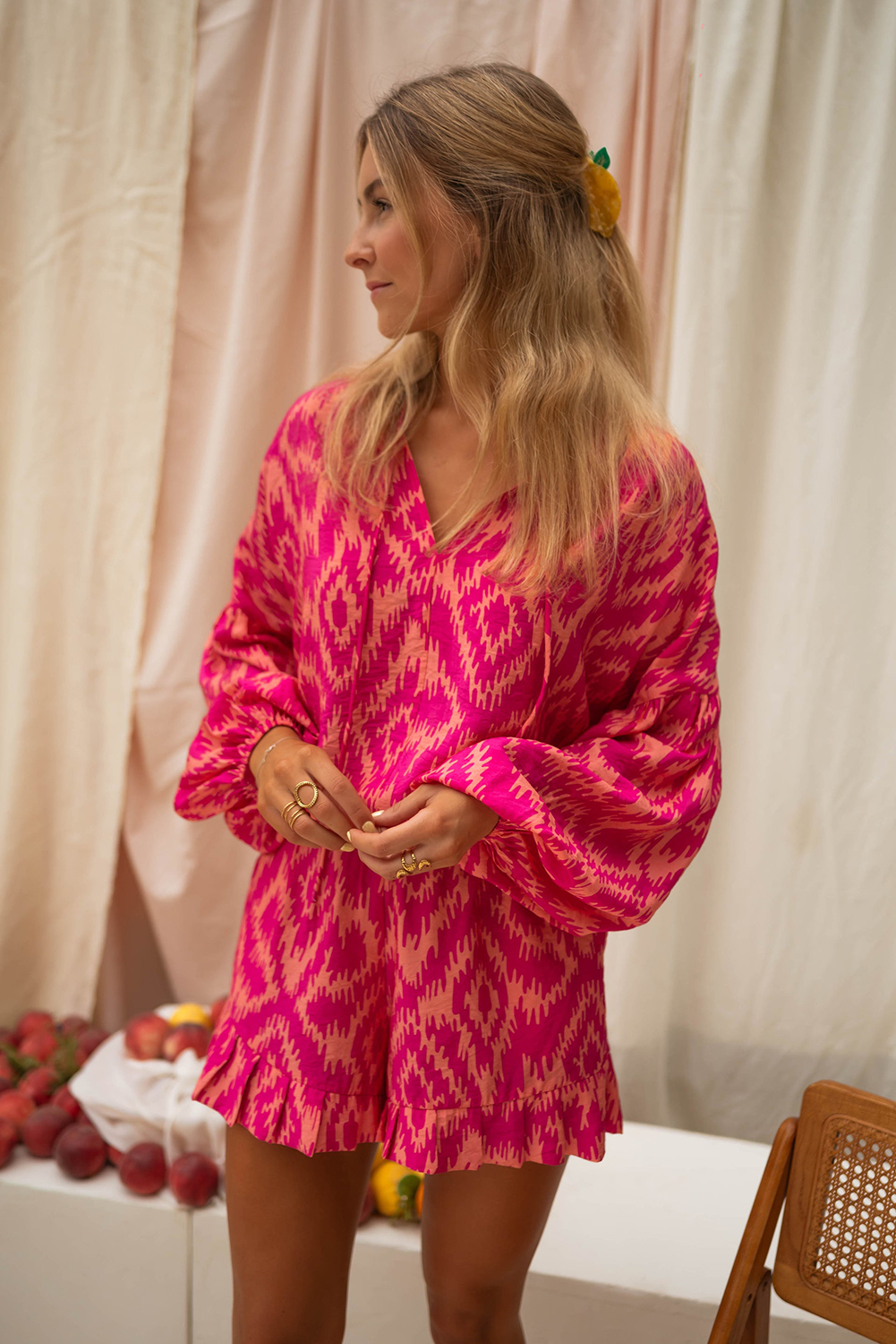 Women's Rose Western Aztec Geometric Print Top and Ruffled Shorts Set - Detail View 9 Women's Rose Western Aztec Geometric Print Top and Ruffled Shorts Set - Detail View 9