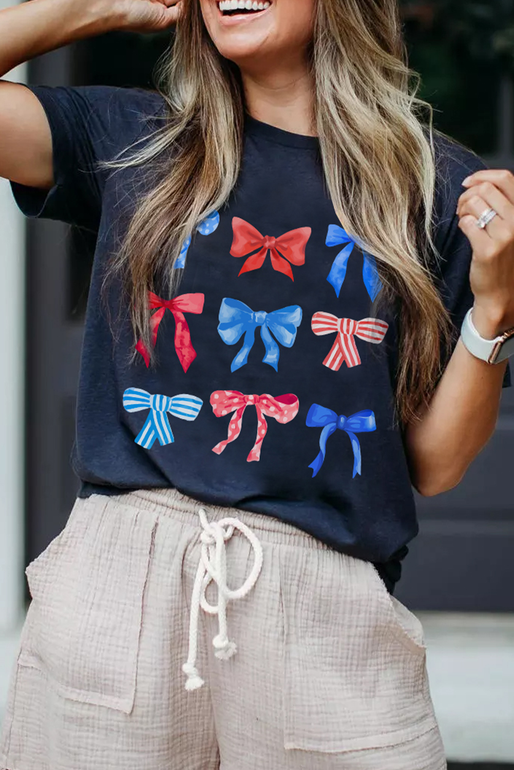 Women's Blue Bow Graphic Tee, Casual Patriotic Round Neck Top - Detail View 4 Women's Blue Bow Graphic Tee, Casual Patriotic Round Neck Top - Detail View 4