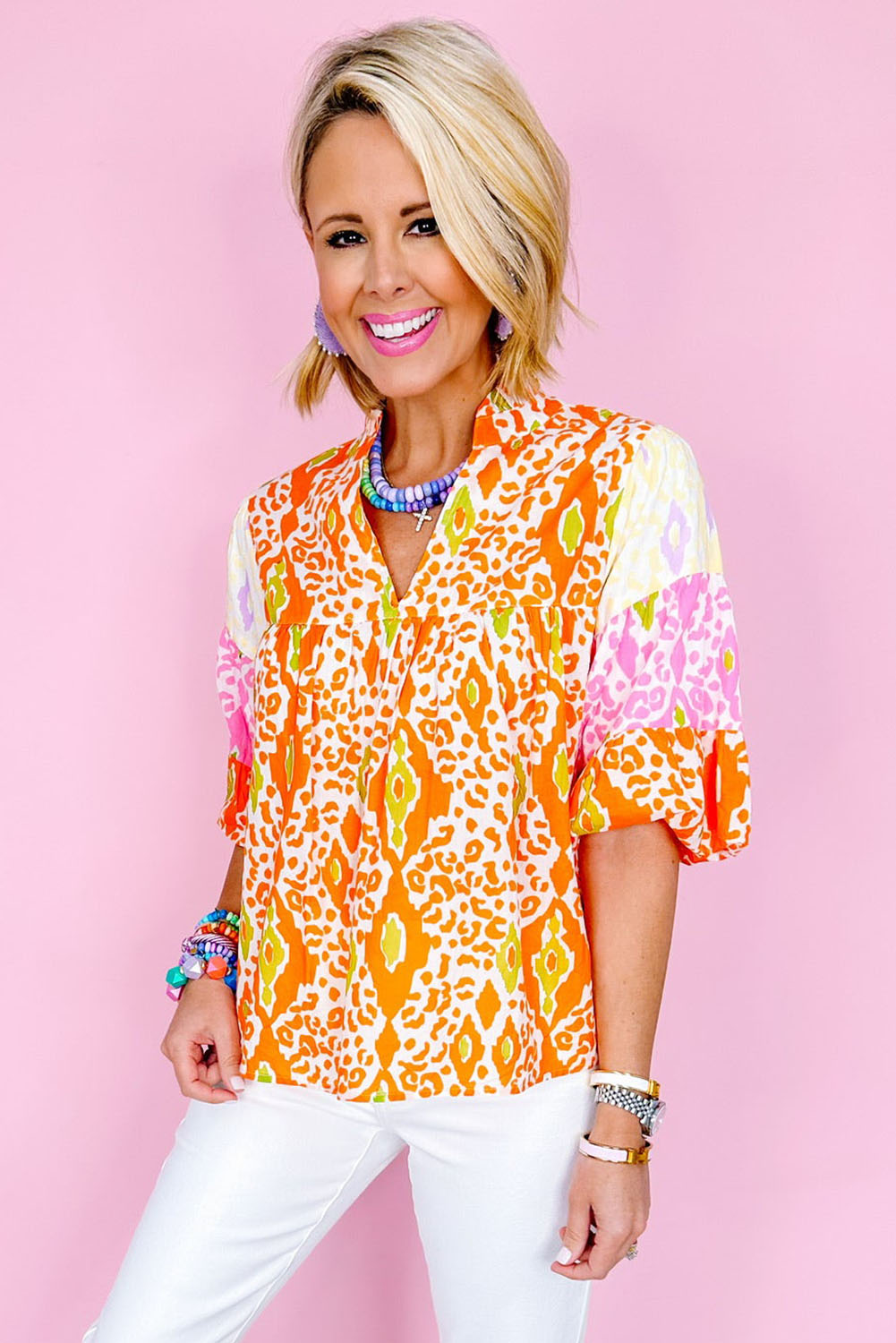 Women's Orange Leopard Colorblock Puff Sleeve Split Neck Blouse - Detail View 6 Women's Orange Leopard Colorblock Puff Sleeve Split Neck Blouse - Detail View 6