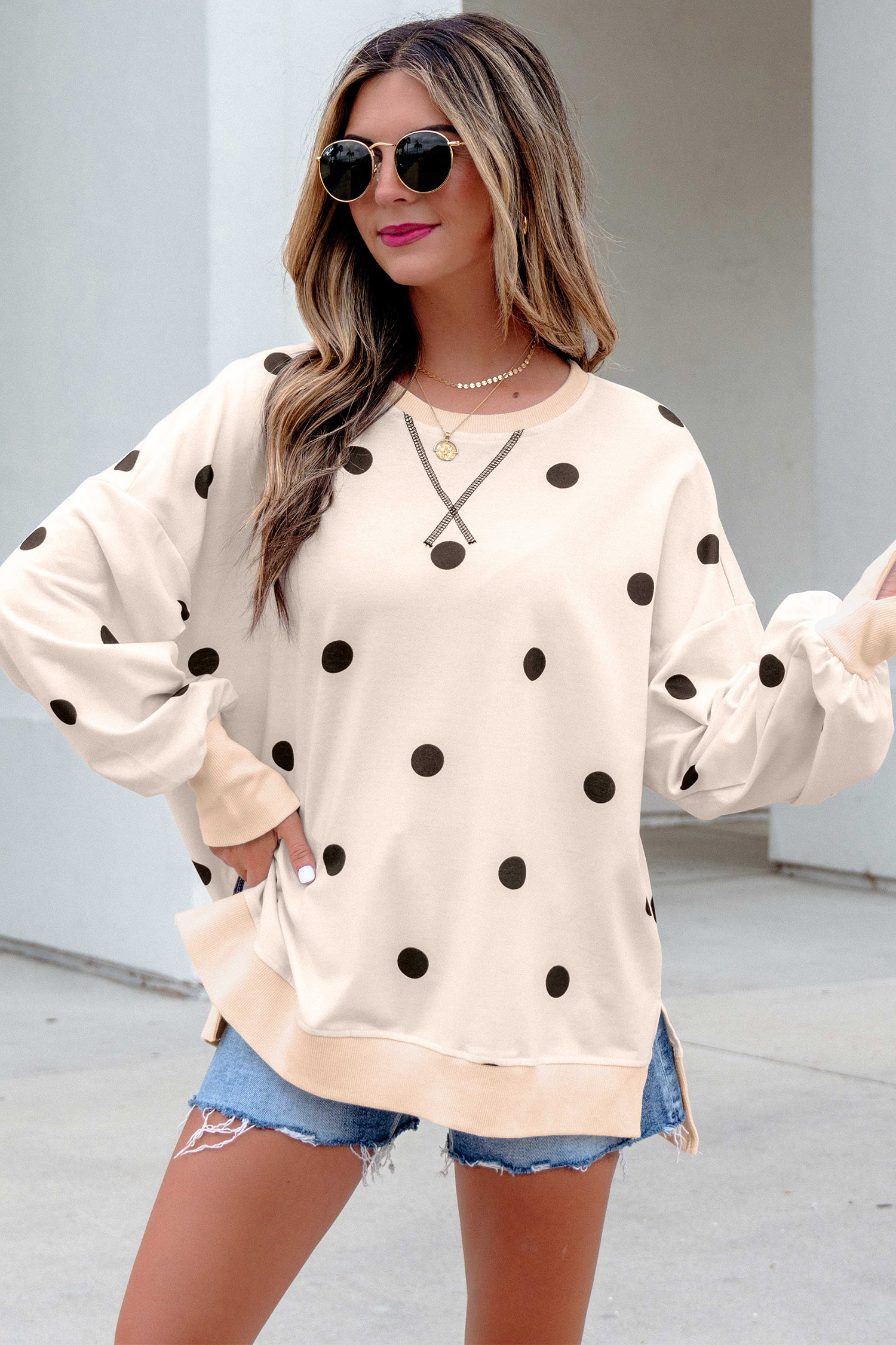 Oversized Polka Dot Pullover, Comfortable Long Sleeve Casual - Detail View 6 Oversized Polka Dot Pullover, Comfortable Long Sleeve Casual - Detail View 6