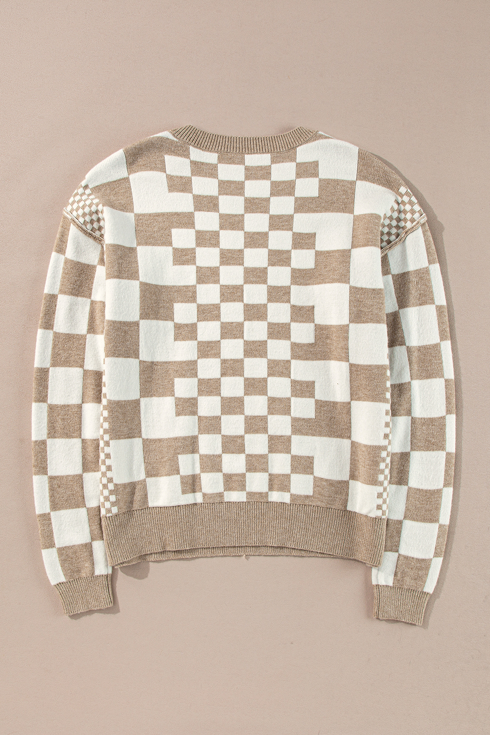 Soft Khaki Checkered Pullover, Casual Autumn Long Sleeve Top - Detail View 9 Soft Khaki Checkered Pullover, Casual Autumn Long Sleeve Top - Detail View 9