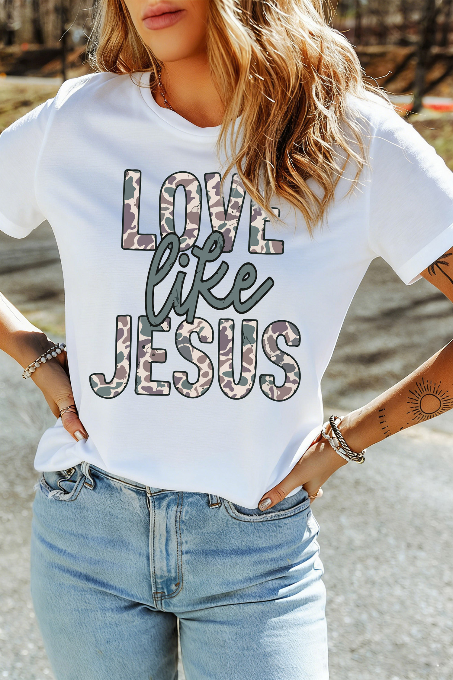 Graphic Letter Print Tee, Women's Faith Inspired Camo Top - Detail View 5 Graphic Letter Print Tee, Women's Faith Inspired Camo Top - Detail View 5