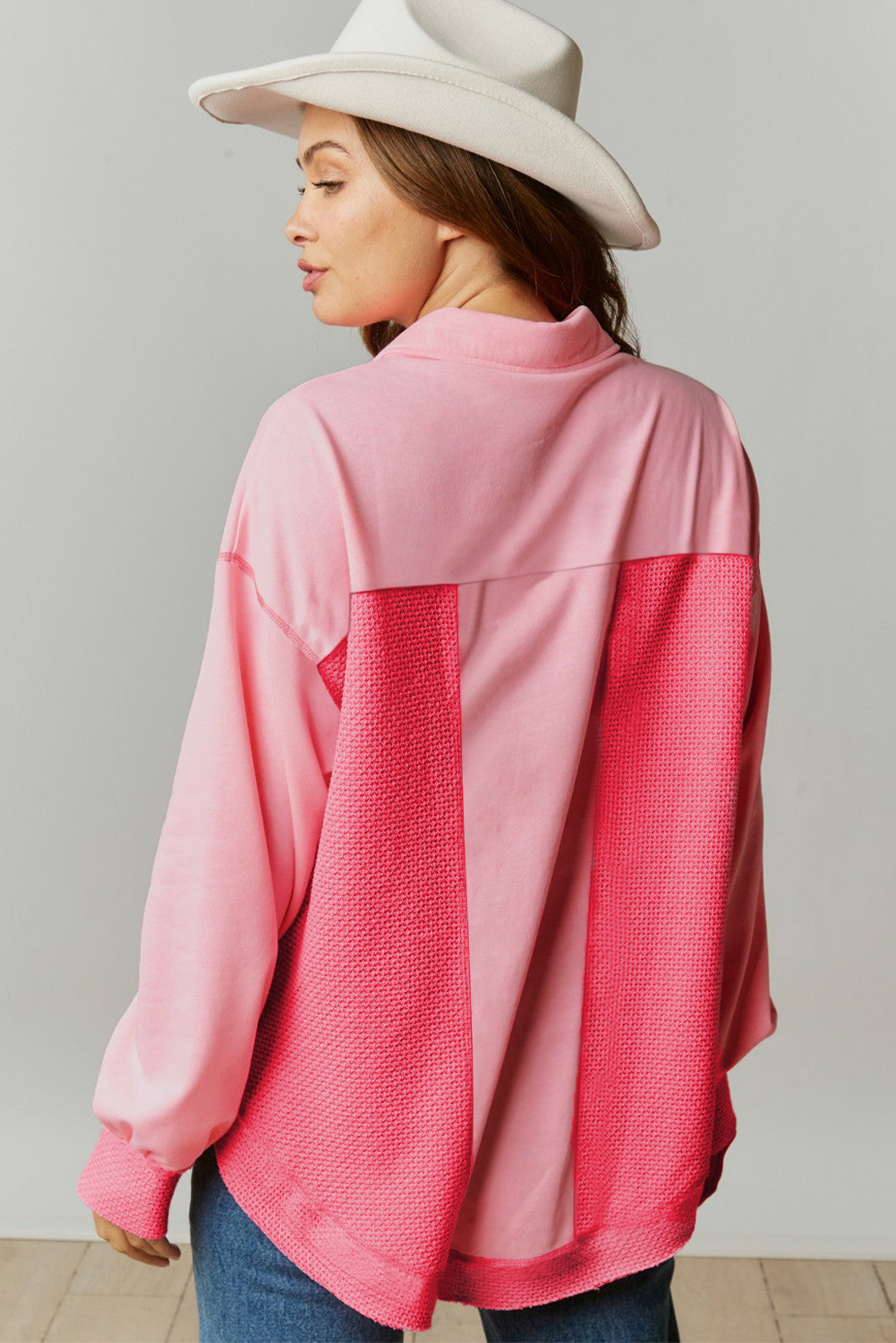 Cozy and Stylish Long Sleeve Shacket with Colorblock Design - Peach Blossom - Detail View 2 Cozy and Stylish Long Sleeve Shacket with Colorblock Design - Peach Blossom - Detail View 2