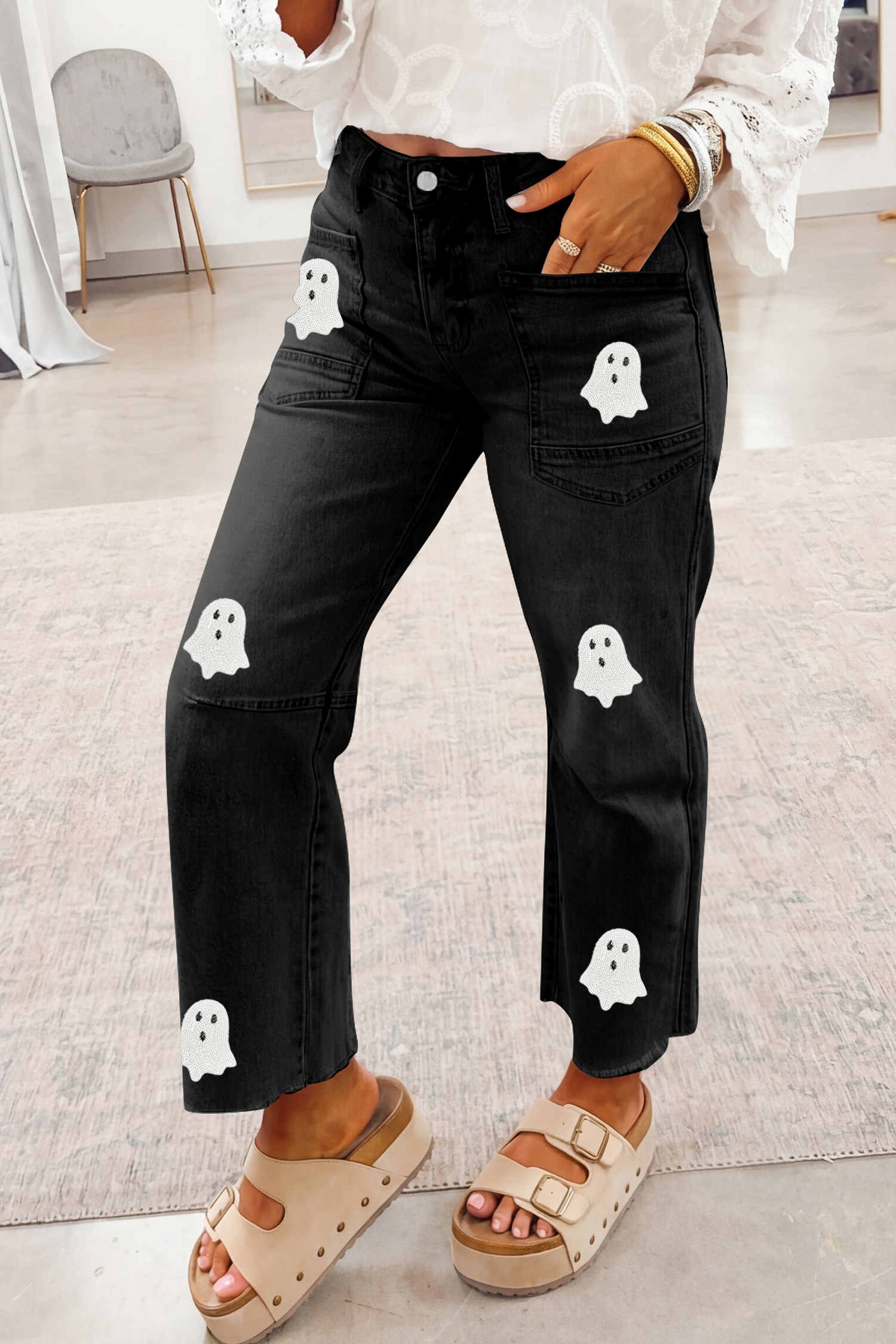 Women's Sequin Ghost Jeans, Halloween Festive Graphic Denim - Detail View 2 Women's Sequin Ghost Jeans, Halloween Festive Graphic Denim - Detail View 2