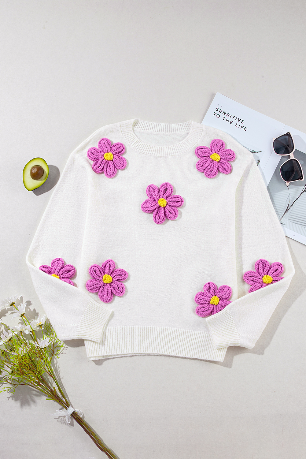 Elegant Long Sleeve Round Neck Sweater: White Floral Crochet - Detail View 12 Elegant Long Sleeve Round Neck Sweater: White Floral Crochet - Detail View 12