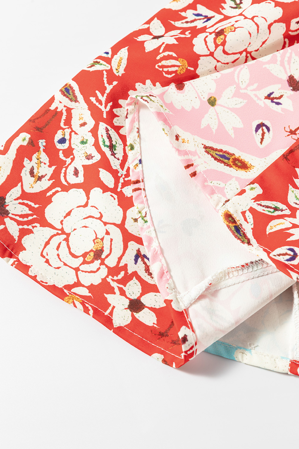 Chic Bohemian Style Red Floral Patchwork Dress with Pleated Details - Detail View 10 Chic Bohemian Style Red Floral Patchwork Dress with Pleated Details - Detail View 10