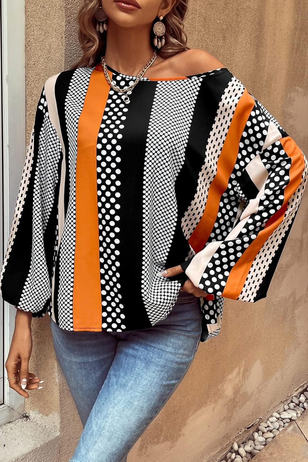 Women's Blouse, Orange Polka Dot, Vertical Stripes, Puff Sleeve, Casual, Elegant Style, Long Sleeve, Comfortable, Shift Silhouette, Office Wear, Chic Top, 100% Polyester, Spring Fashion - Detail View 4 Women's Blouse, Orange Polka Dot, Vertical Stripes, Puff Sleeve, Casual, Elegant Style, Long Sleeve, Comfortable, Shift Silhouette, Office Wear, Chic Top, 100% Polyester, Spring Fashion - Detail View 4