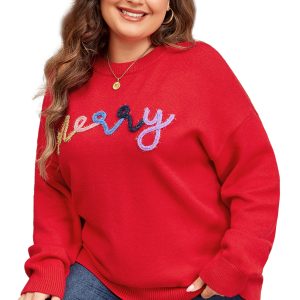 Fiery Red Tinsel Merry Pattern Drop Shoulder Plus Size Sweater for Women - Main View