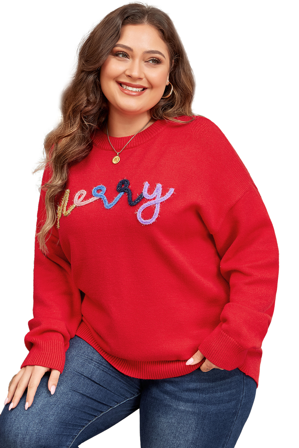 Fiery Red Tinsel Merry Pattern Drop Shoulder Plus Size Sweater for Women - Main View Fiery Red Tinsel Merry Pattern Drop Shoulder Plus Size Sweater for Women - Main View