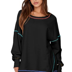 Women's Contrast Stitch Sweatshirt, Oversized Long Sleeve Top - Main View
