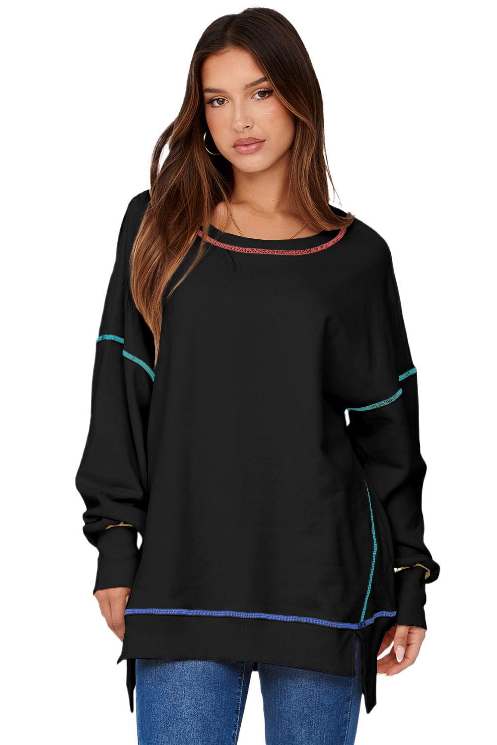 Women's Contrast Stitch Sweatshirt, Oversized Long Sleeve Top - Main View Women's Contrast Stitch Sweatshirt, Oversized Long Sleeve Top - Main View