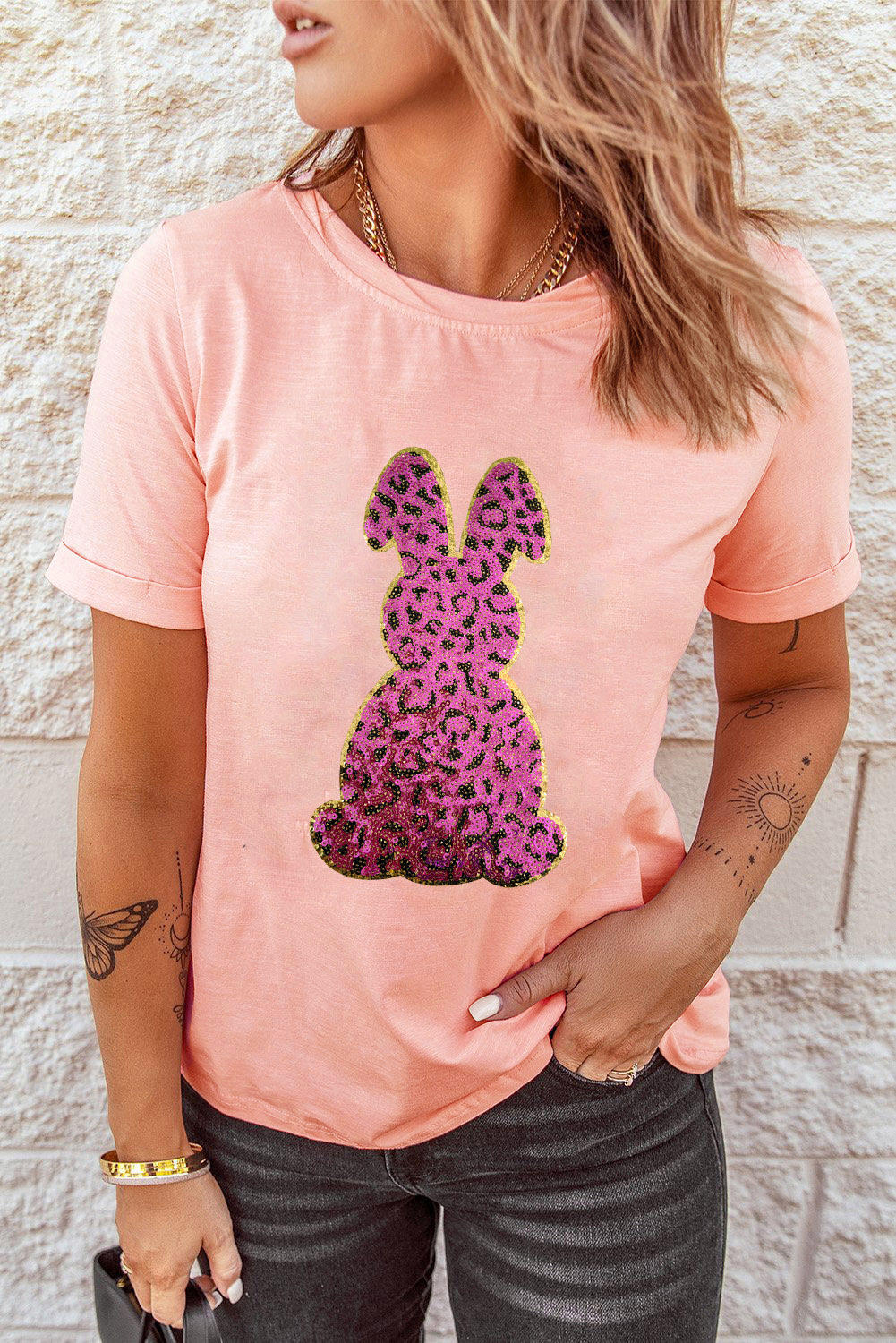 Women's Pink Bunny Graphic Tee, Leopard Print Casual Top - Detail View 7 Women's Pink Bunny Graphic Tee, Leopard Print Casual Top - Detail View 7