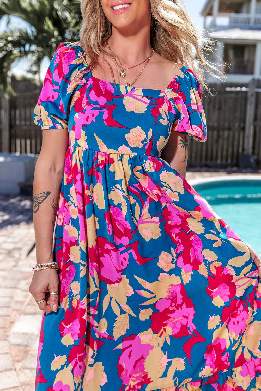 Women's Floral Maxi Dress, Square Neck Casual Summer Outfit - Detail View 7 Women's Floral Maxi Dress, Square Neck Casual Summer Outfit - Detail View 7