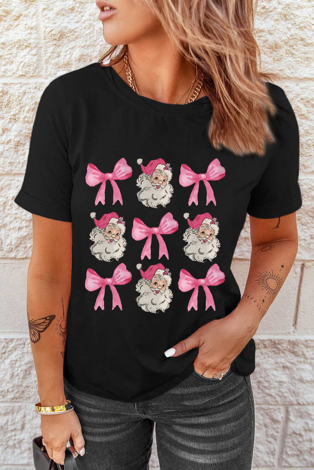 Holiday Cheer: Black Graphic T-Shirt with Santa Claus and Bow Knots - Detail View 7 Holiday Cheer: Black Graphic T-Shirt with Santa Claus and Bow Knots - Detail View 7