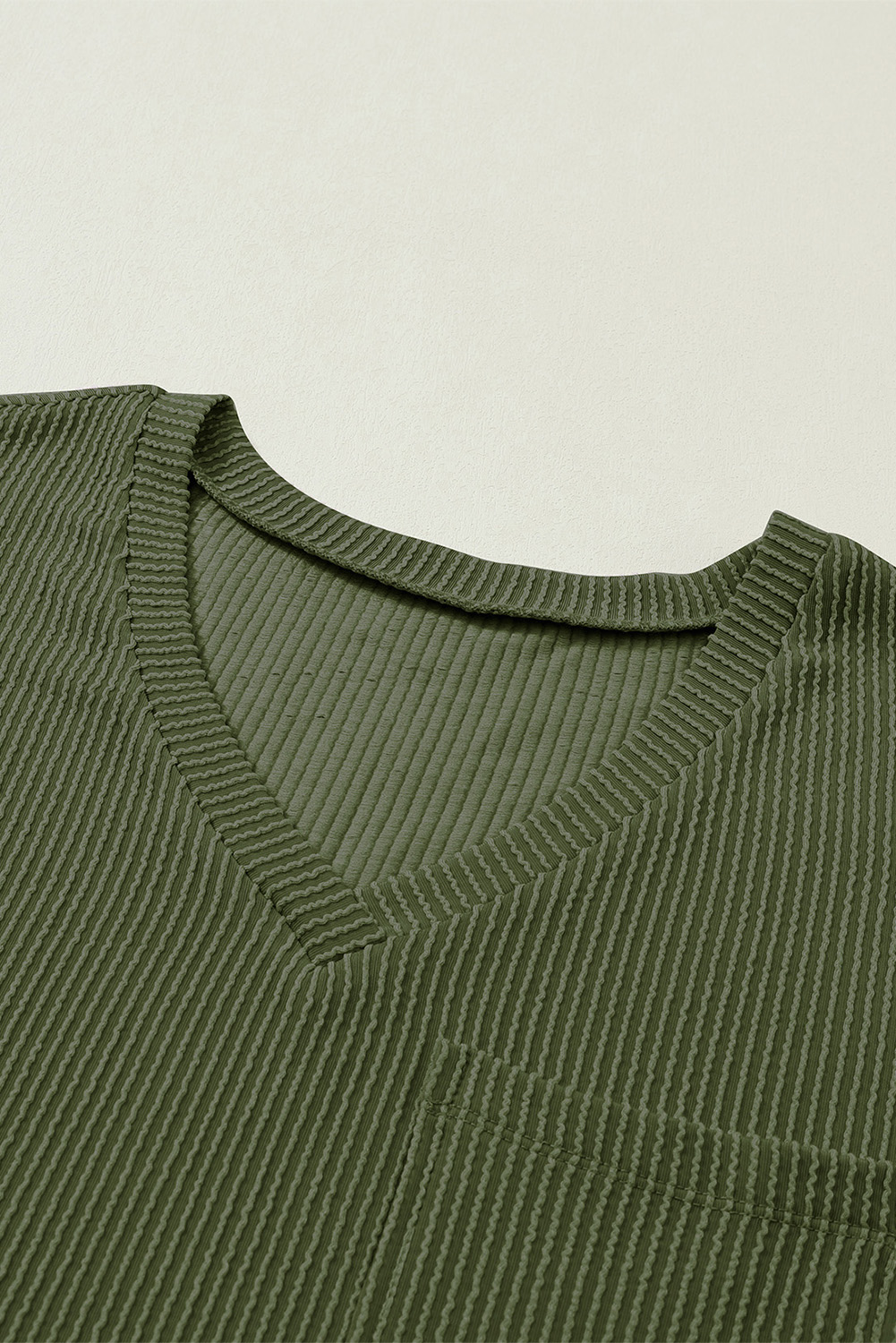 Women's Corded V Neck T-shirt, Casual Jungle Green Pocket Top - Detail View 10 Women's Corded V Neck T-shirt, Casual Jungle Green Pocket Top - Detail View 10