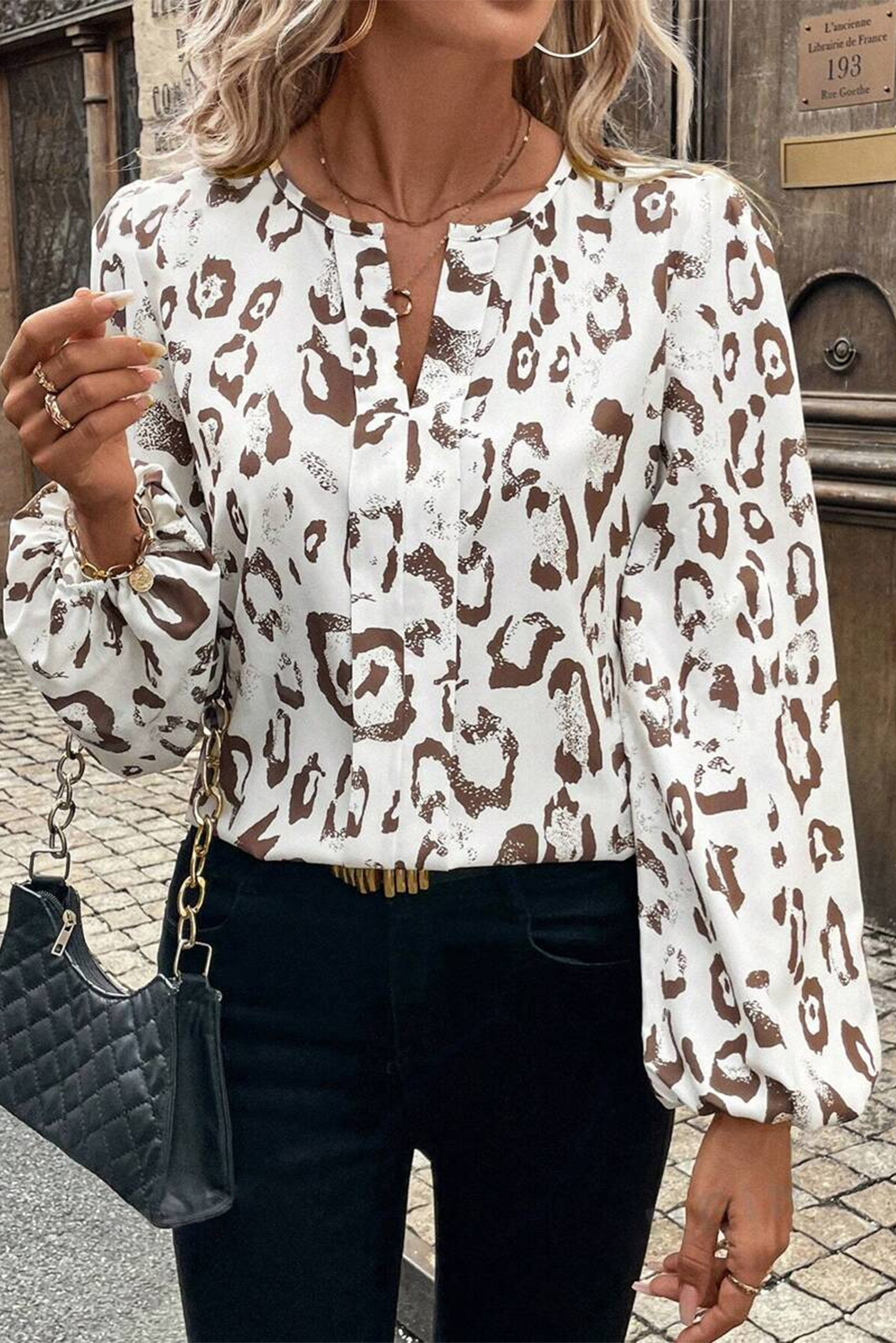 Elegant Khaki Leopard Print Blouse - Flattering V Neck and Dramatic Balloon Sleeves - Detail View 6 Elegant Khaki Leopard Print Blouse - Flattering V Neck and Dramatic Balloon Sleeves - Detail View 6