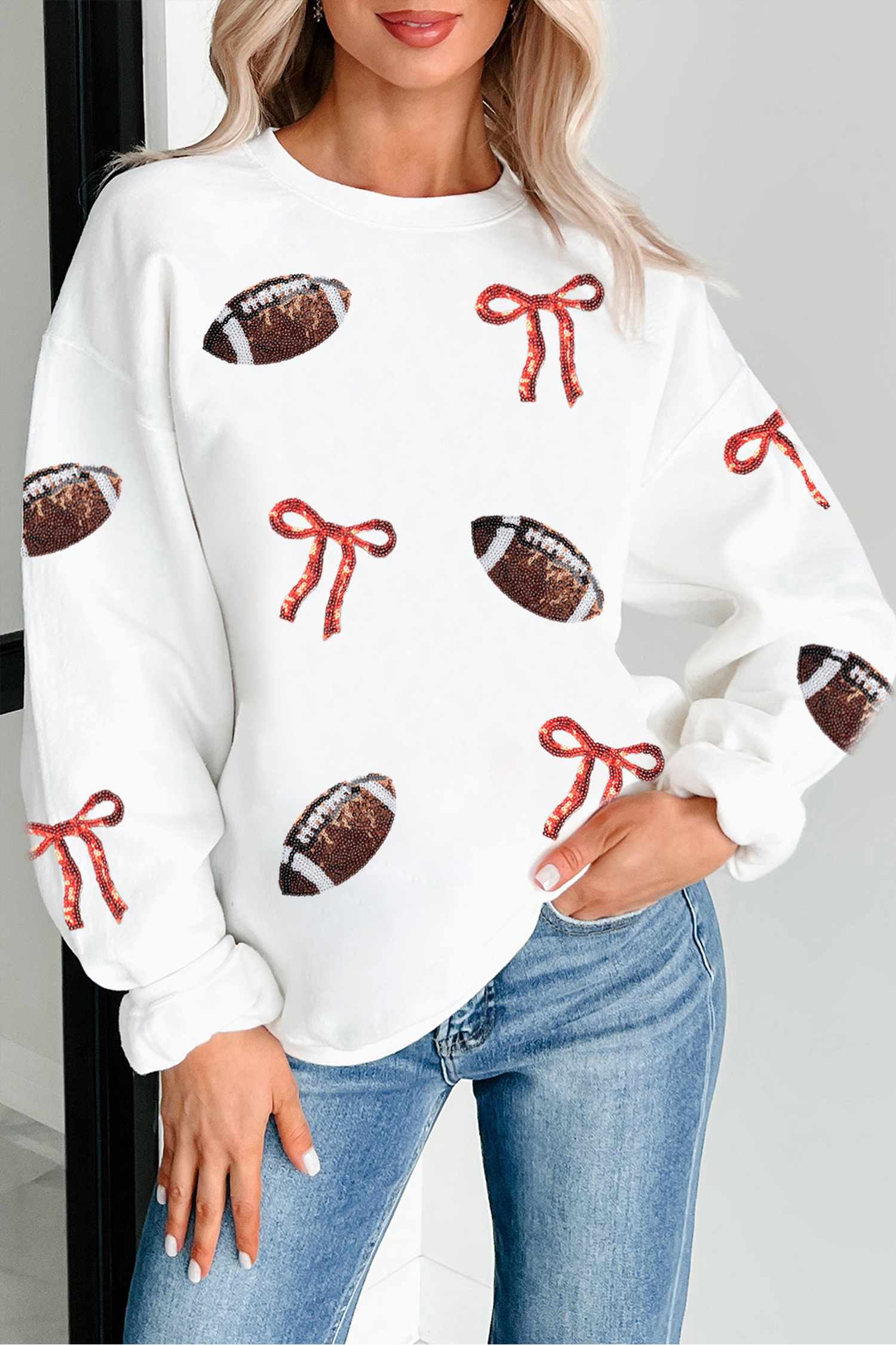 Casual Sequin Bow Pullover, Women's Autumn Rugby Graphic - Detail View 3 Casual Sequin Bow Pullover, Women's Autumn Rugby Graphic - Detail View 3
