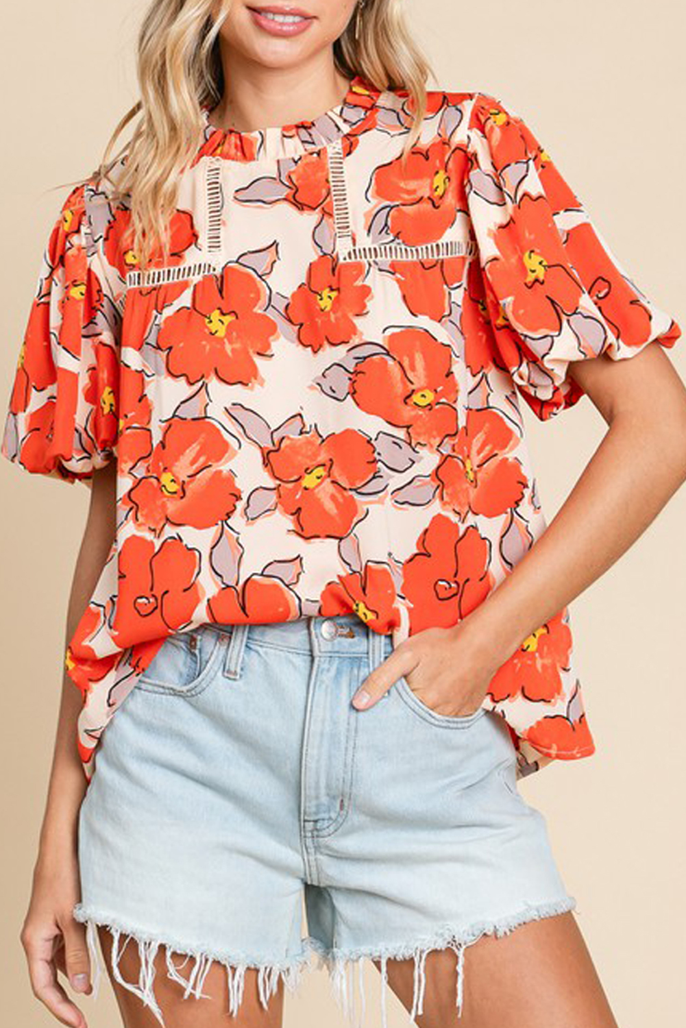 Elegant Short Sleeve Blouse: Orange Floral Print with Frilled Neck - Detail View 2 Elegant Short Sleeve Blouse: Orange Floral Print with Frilled Neck - Detail View 2