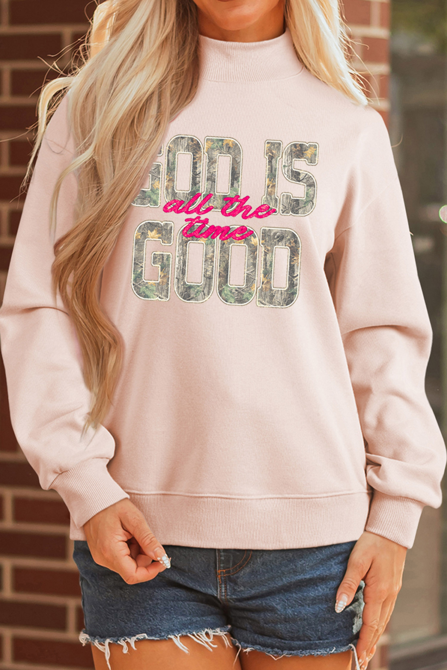 Autumn Mock Neck Sweatshirt, Women's Apricot Pink Slogan Top - Detail View 6 Autumn Mock Neck Sweatshirt, Women's Apricot Pink Slogan Top - Detail View 6