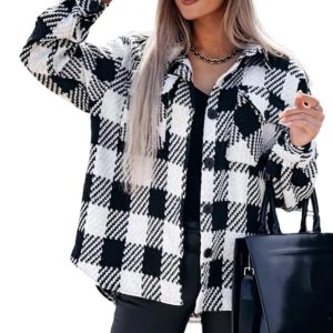Women's Black Plaid Shacket, Textured Button Front Jacket - Main View