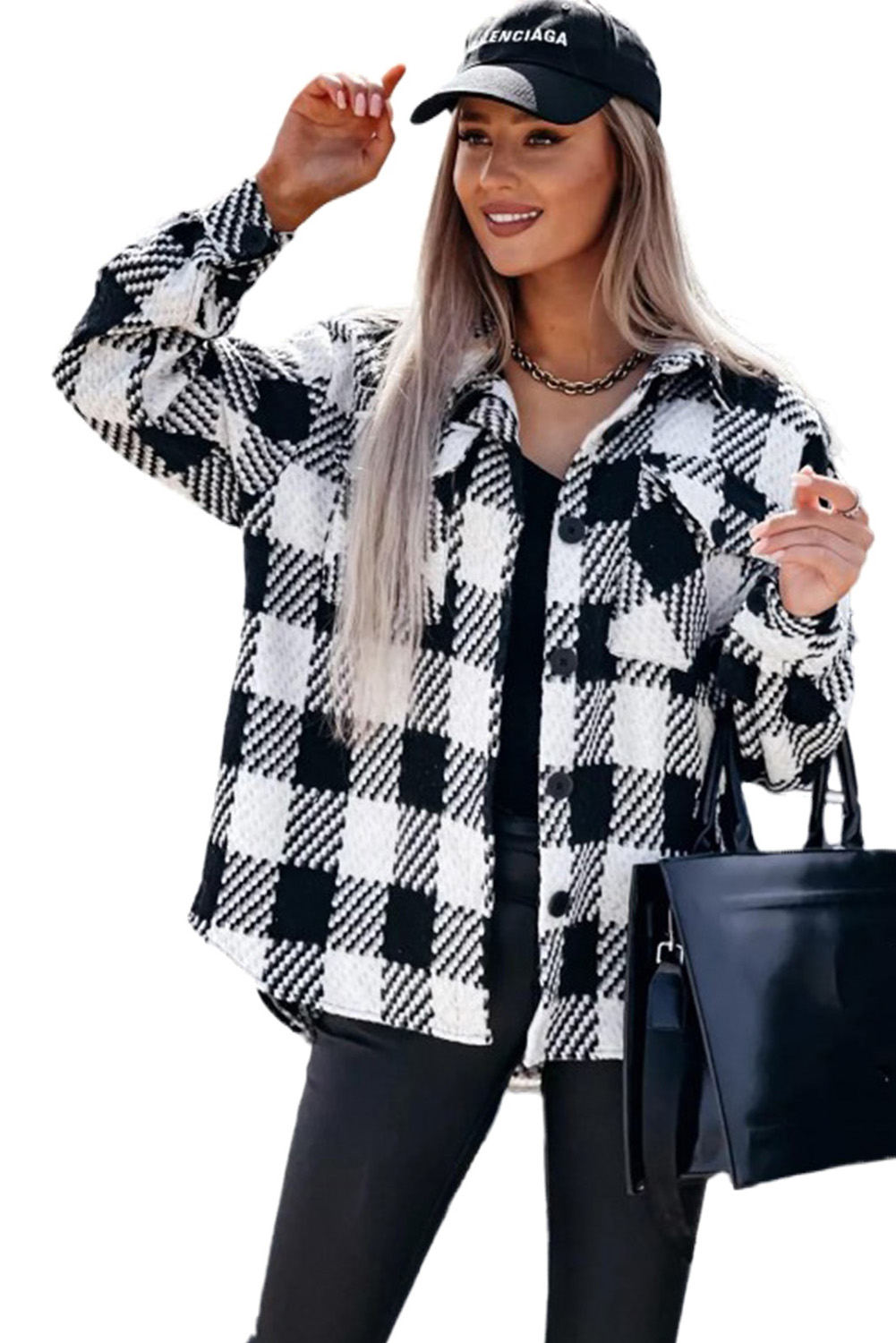 Women's Black Plaid Shacket, Textured Button Front Jacket - Main View Women's Black Plaid Shacket, Textured Button Front Jacket - Main View