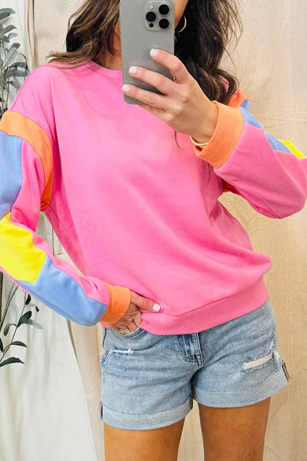 Elevate Your Style with This Colorful Long Sleeve Top - Pink Candy Colorblock - Detail View 2 Elevate Your Style with This Colorful Long Sleeve Top - Pink Candy Colorblock - Detail View 2