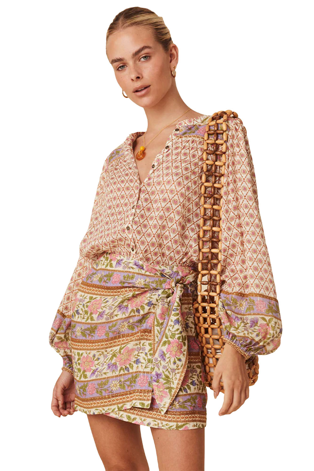Women's Boho Polyester Blouse, Lightweight Floral V Neck - Detail View 12 Women's Boho Polyester Blouse, Lightweight Floral V Neck - Detail View 12