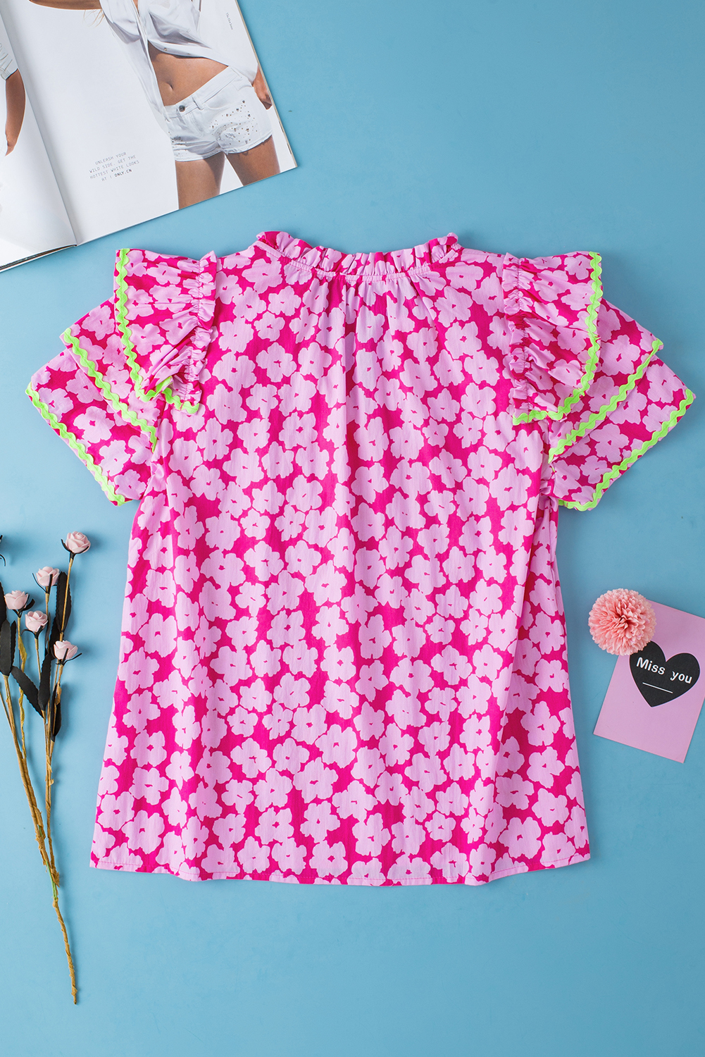 Women's Pink Floral V-Neck Ruffle Sleeve Blouse with Ric Rac Detail - Detail View 11 Women's Pink Floral V-Neck Ruffle Sleeve Blouse with Ric Rac Detail - Detail View 11