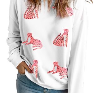 Women's Beige Sequin Cheetah O Neck Drop Shoulder Sweatshirt - Main View