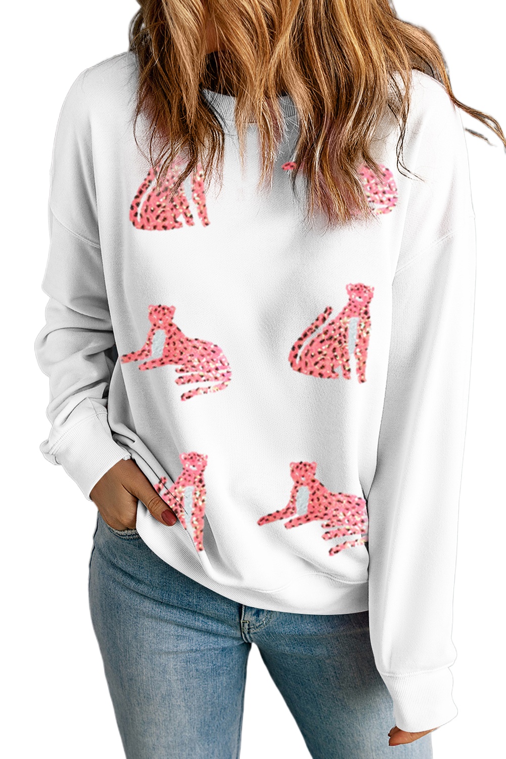 Women's Beige Sequin Cheetah O Neck Drop Shoulder Sweatshirt - Main View Women's Beige Sequin Cheetah O Neck Drop Shoulder Sweatshirt - Main View