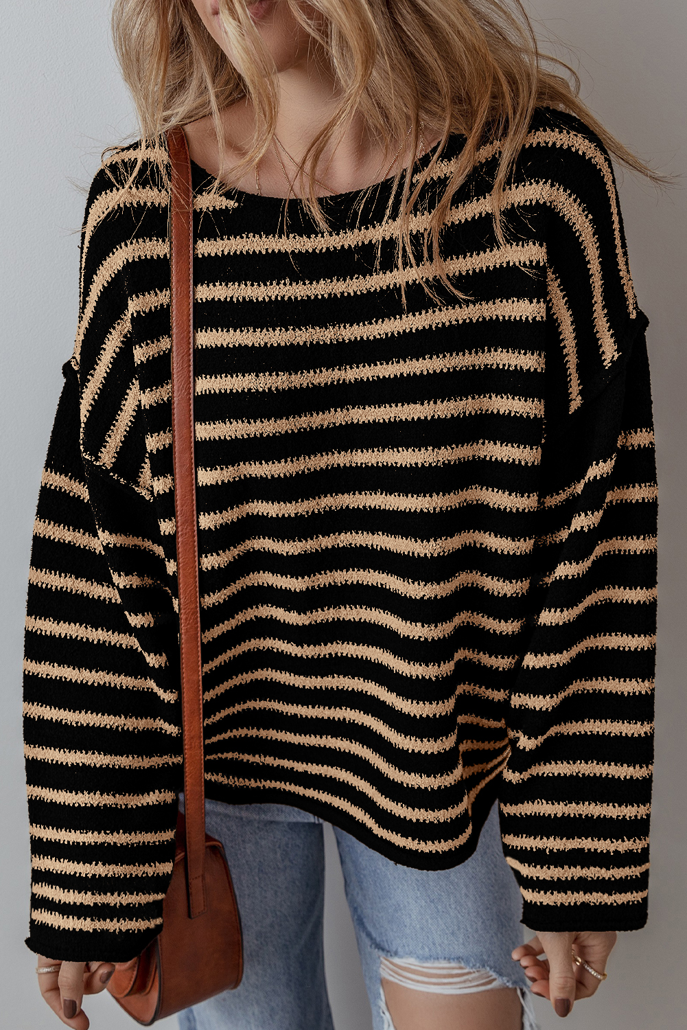 Stylish Drop Shoulder Sweater for Women - Versatile Black Stripe Knitwear - Detail View 3 Stylish Drop Shoulder Sweater for Women - Versatile Black Stripe Knitwear - Detail View 3