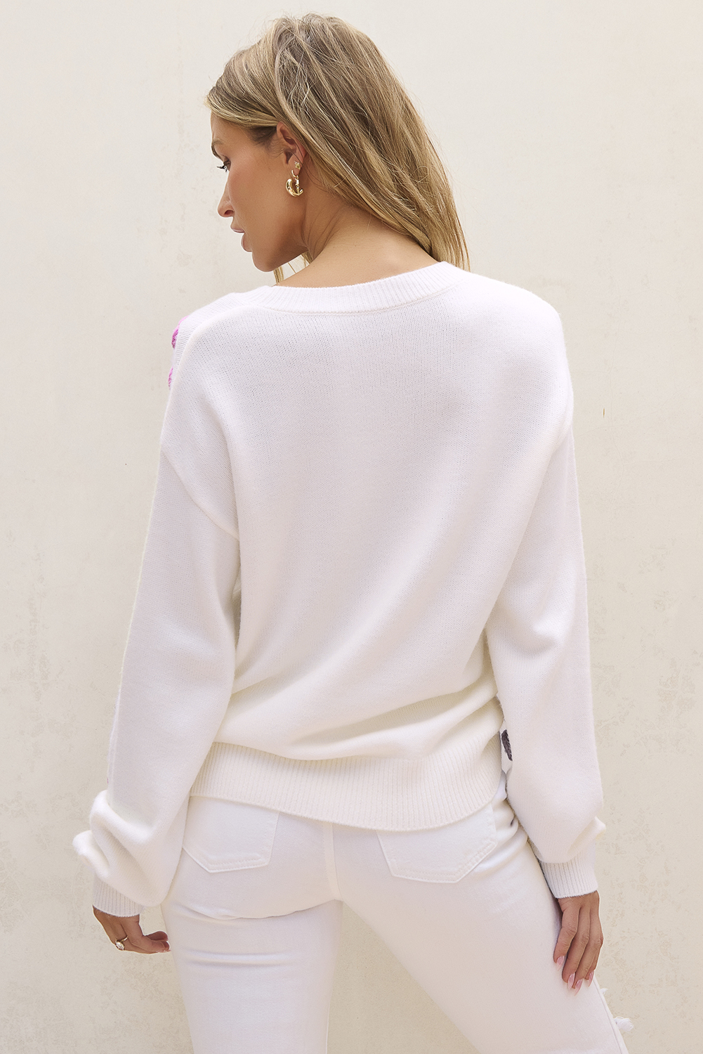 Elegant Long Sleeve Round Neck Sweater: White Floral Crochet - Detail View 2 Elegant Long Sleeve Round Neck Sweater: White Floral Crochet - Detail View 2