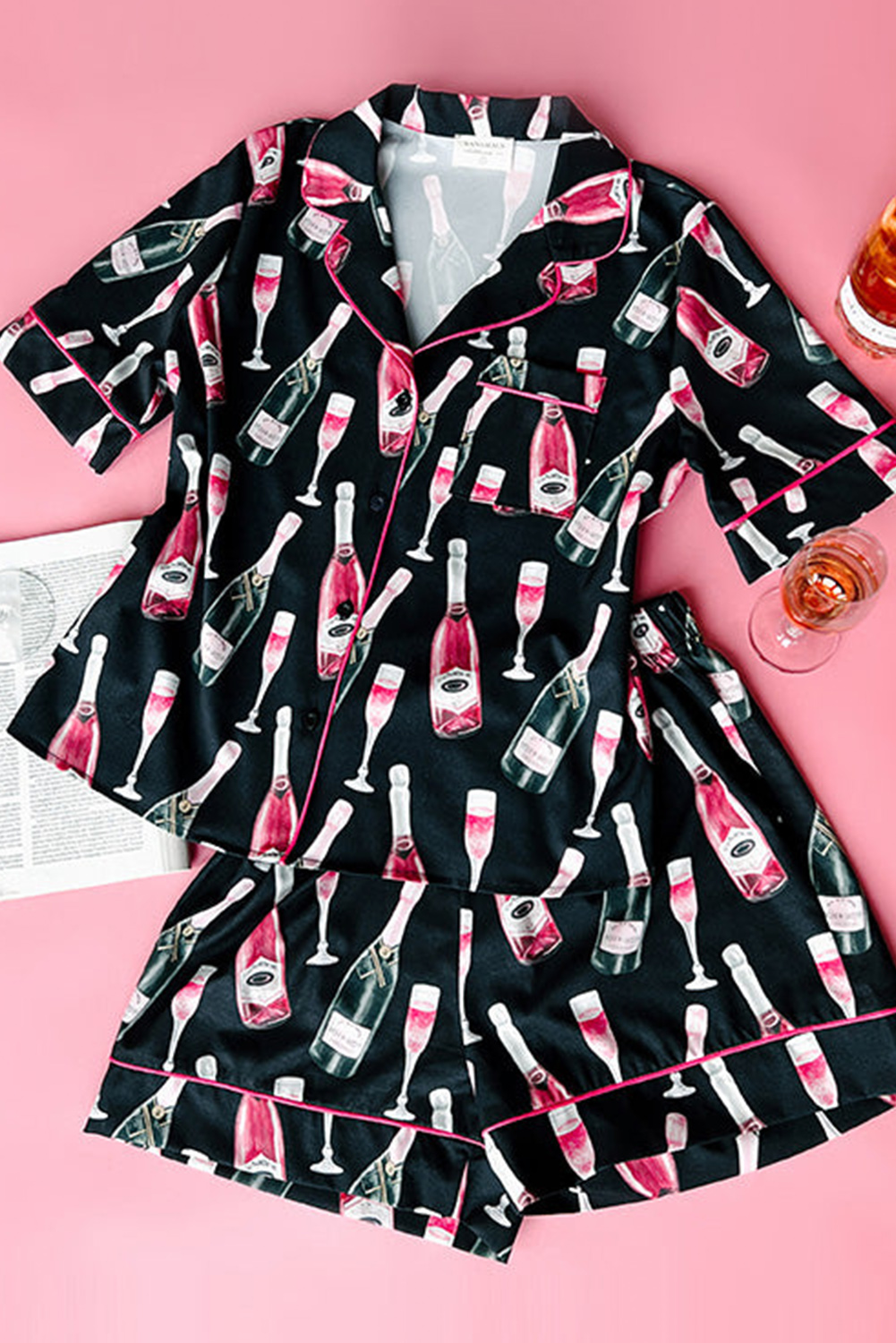 Women's Champagne Print Pajamas, Silky Short Sleeve Set - Detail View 7 Women's Champagne Print Pajamas, Silky Short Sleeve Set - Detail View 7