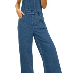 Women's Dusk Blue Adjustable Tie Straps Cropped Wide Leg Denim Overalls - Main View