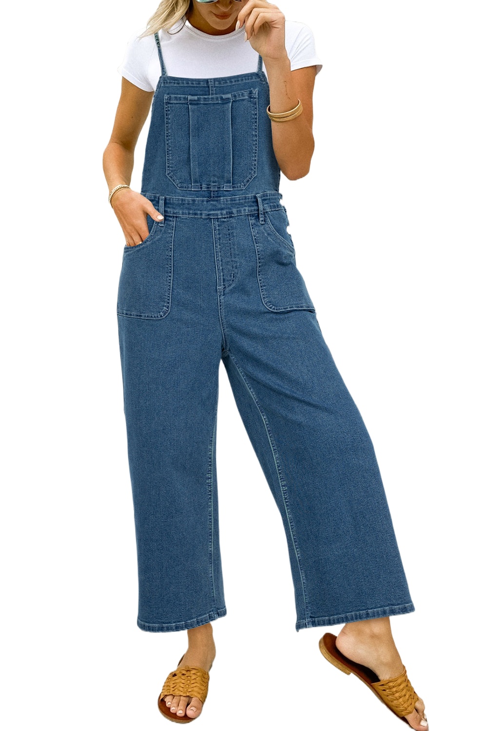 Women's Dusk Blue Adjustable Tie Straps Cropped Wide Leg Denim Overalls - Main View Women's Dusk Blue Adjustable Tie Straps Cropped Wide Leg Denim Overalls - Main View
