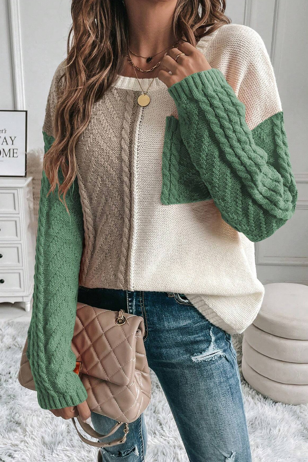 Women's Colorblock Sweater, Vineyard Green Long Sleeve Knit - Detail View 7 Women's Colorblock Sweater, Vineyard Green Long Sleeve Knit - Detail View 7