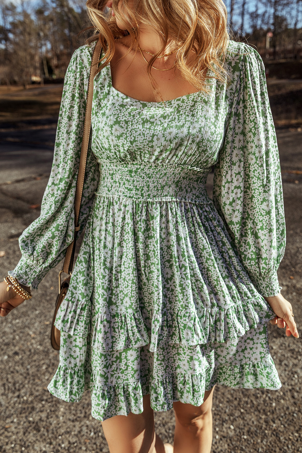 Charming Green Floral Mini Dress with Lantern Sleeves - Spring & Summer - Detail View 2 Charming Green Floral Mini Dress with Lantern Sleeves - Spring & Summer - Detail View 2