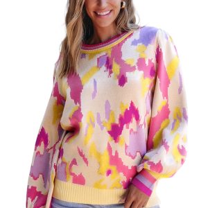 Women's Khaki Abstract Print Balloon Sleeve Sweater - Main View