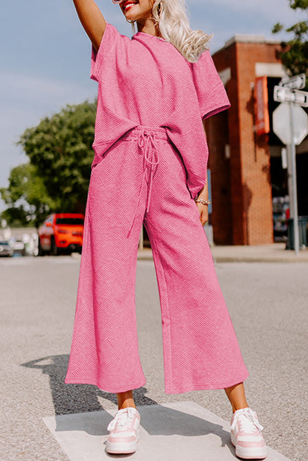 Strawberry Pink Pant Set, Loose Fit Scoop Neck Summer Wear - Detail View 2 Strawberry Pink Pant Set, Loose Fit Scoop Neck Summer Wear - Detail View 2