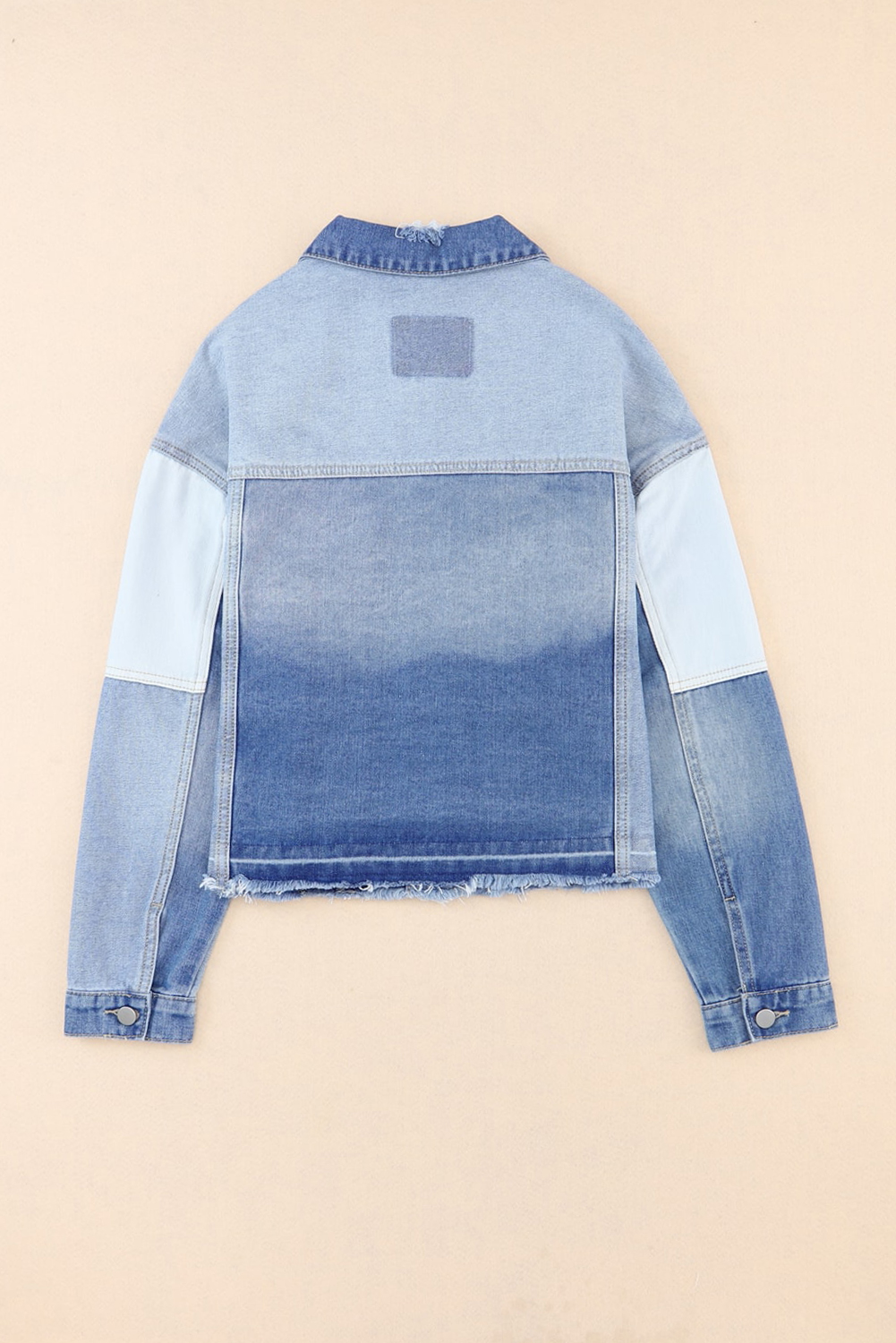 Stylish Patchwork Denim Jacket, Light Blue Frayed Hem Coat - Detail View 8 Stylish Patchwork Denim Jacket, Light Blue Frayed Hem Coat - Detail View 8