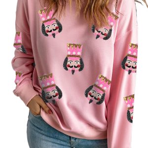 Women's Pink Sequin Nutcracker Graphic Drop Shoulder Christmas Sweatshirt - Main View