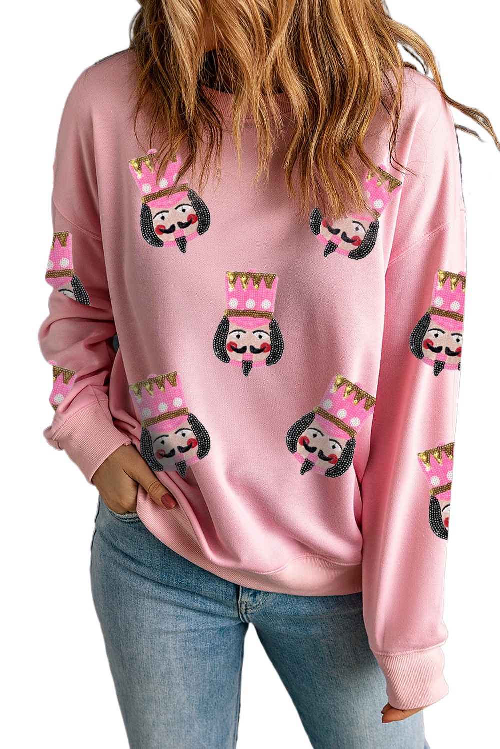 Women's Pink Sequin Nutcracker Graphic Drop Shoulder Christmas Sweatshirt - Main View Women's Pink Sequin Nutcracker Graphic Drop Shoulder Christmas Sweatshirt - Main View